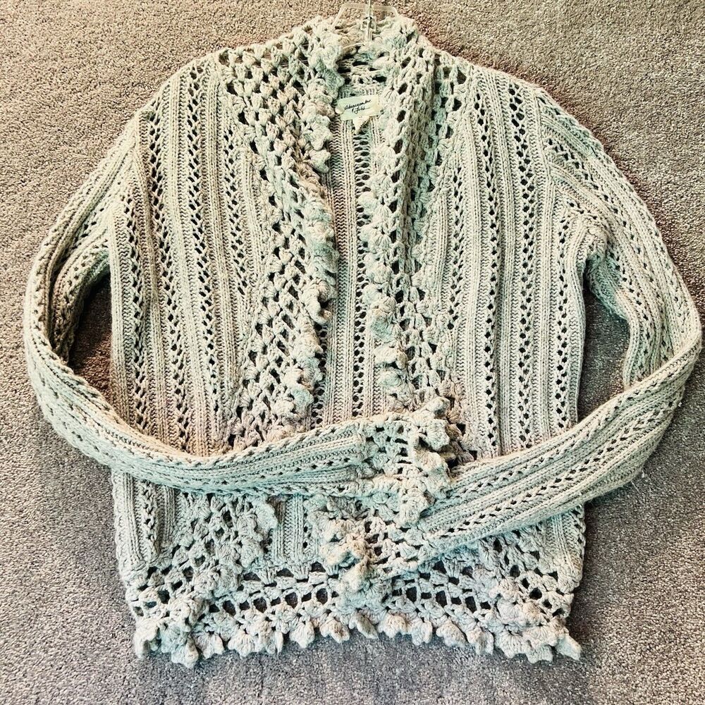 Vintage Abercrombie Fitch Crochet Cardigan M Gray Wool Blend Y2K Open Knit Pom